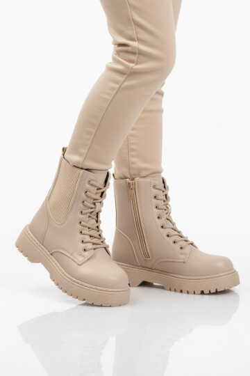 Bej Polarlı Kaymaz Soğuğa Dirençli Deri Çocuk Bot Tuno 07 F