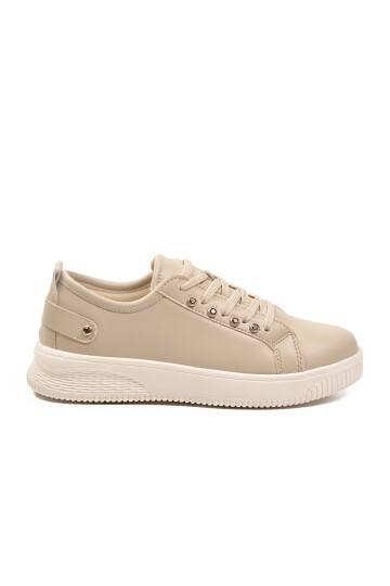Beige Lace-Up Light Leather Womens Sneakers 201 G