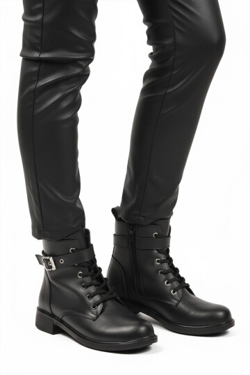 Siyah Cilt Kaymaz İçi Polarlı Fermuarlı Kadın Bot 209151 Z