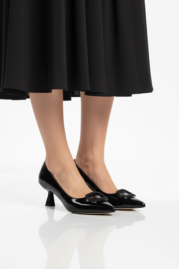 Siyah Kırışık İnce Kısa Topuklu Kadın Abiye Ayakkabı 357189 Z