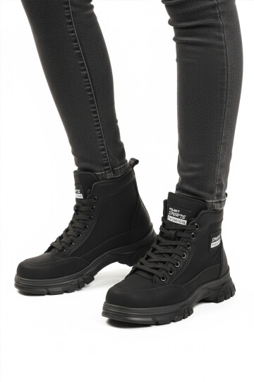 Black Nubuck Fur Lined Non-Slip Sole Zippered Lace-Up Womens Boots 24090 Z