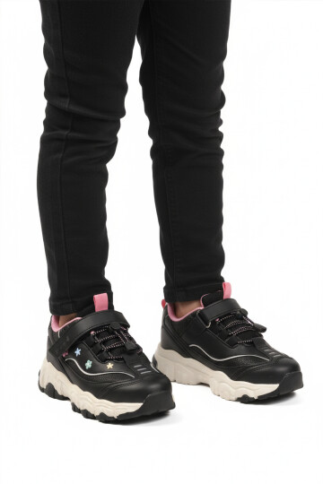 Siyah Cırtlı Hafif Fileli Esnek Kız Çocuk Spor Ayakkabı Bella Kısa F