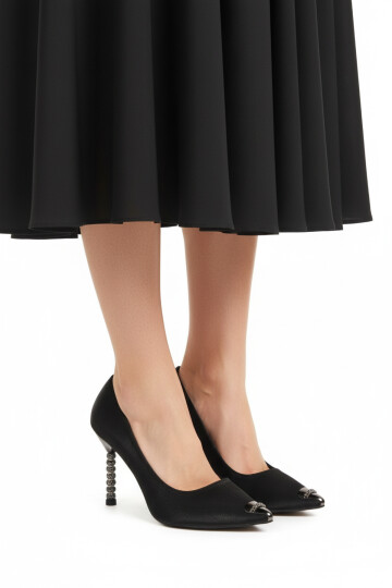 Black Satin Thin Stoned Heeled Womens Evening Shoes 357191 Z