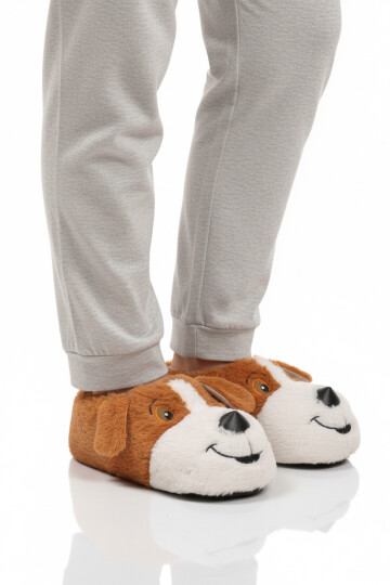 Açık Kahve Köpek Desenli Unisex Panduf 26K001