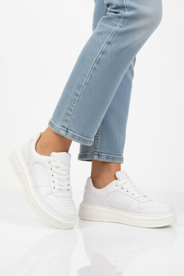 Beyaz Bağcıklı Cilt Hafif Unisex Sneaker Aper 049 G