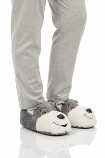 Gri Köpek Desenli Unisex Panduf 26K001