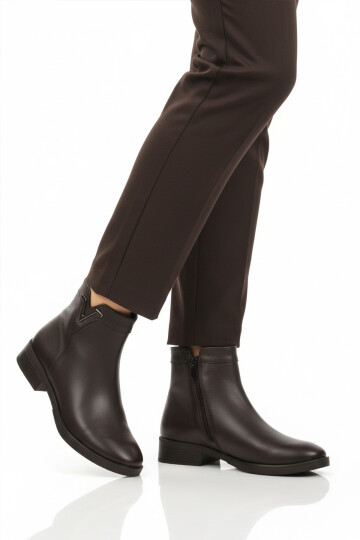 Kahve Hakiki Deri İçi Polarlı Kaymaz Kadın Bot 21893-1 Z