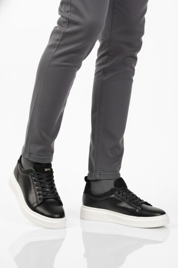 Siyah Beyaz Bağcıklı Cilt Hafif Esnek Erkek Sneaker 179 M