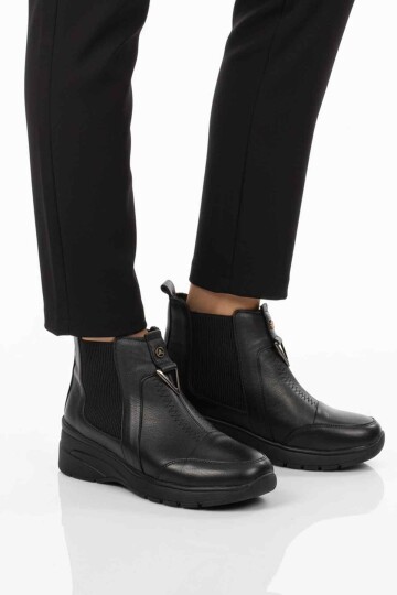 Siyah Hakiki Deri İçi Polarlı Darbe Emici Anatomik Kadın Bot 4153 Z