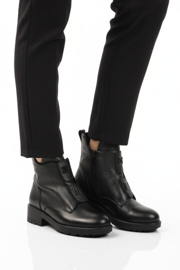 Siyah Hakiki Deri Fermuarlı Kadın Bot 24102-1 Z