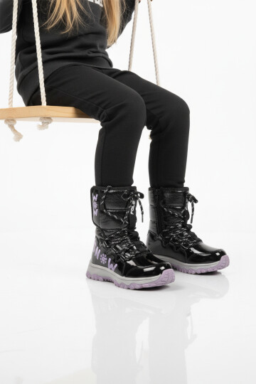 Siyah Lila Kaymaz Taban İçi Polarlı Kız Çocuk Kar Botu 24081 F
