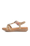 Beige Genuine Leather Stone Embroidered Lightweight Womens Sandals B096 Z