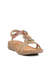 Beige Genuine Leather Stone Embroidered Lightweight Womens Sandals B096 Z