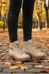 Beige Fur Lined Non-Slip Sole Zippered Lace-Up Womens Boots 24090 Z